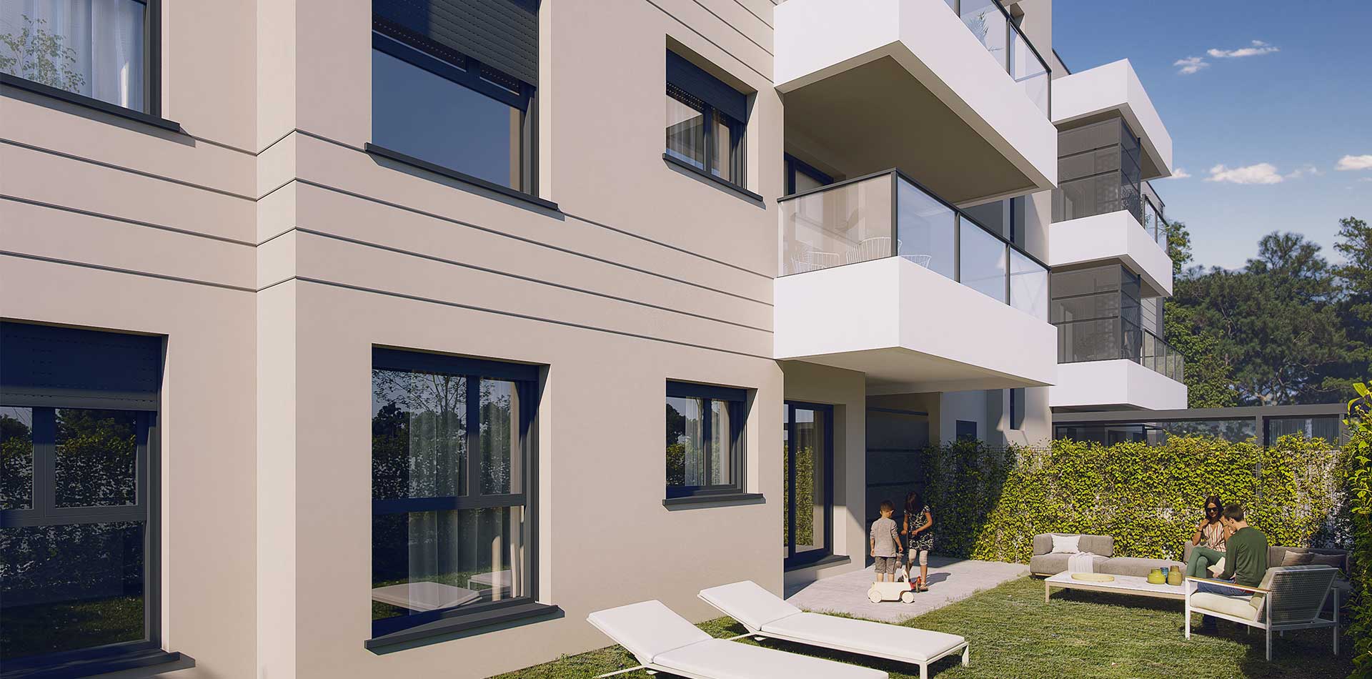 Vista de un jardín con tumbonas de una vivienda de la promoción iKasaClass Kaléndula I