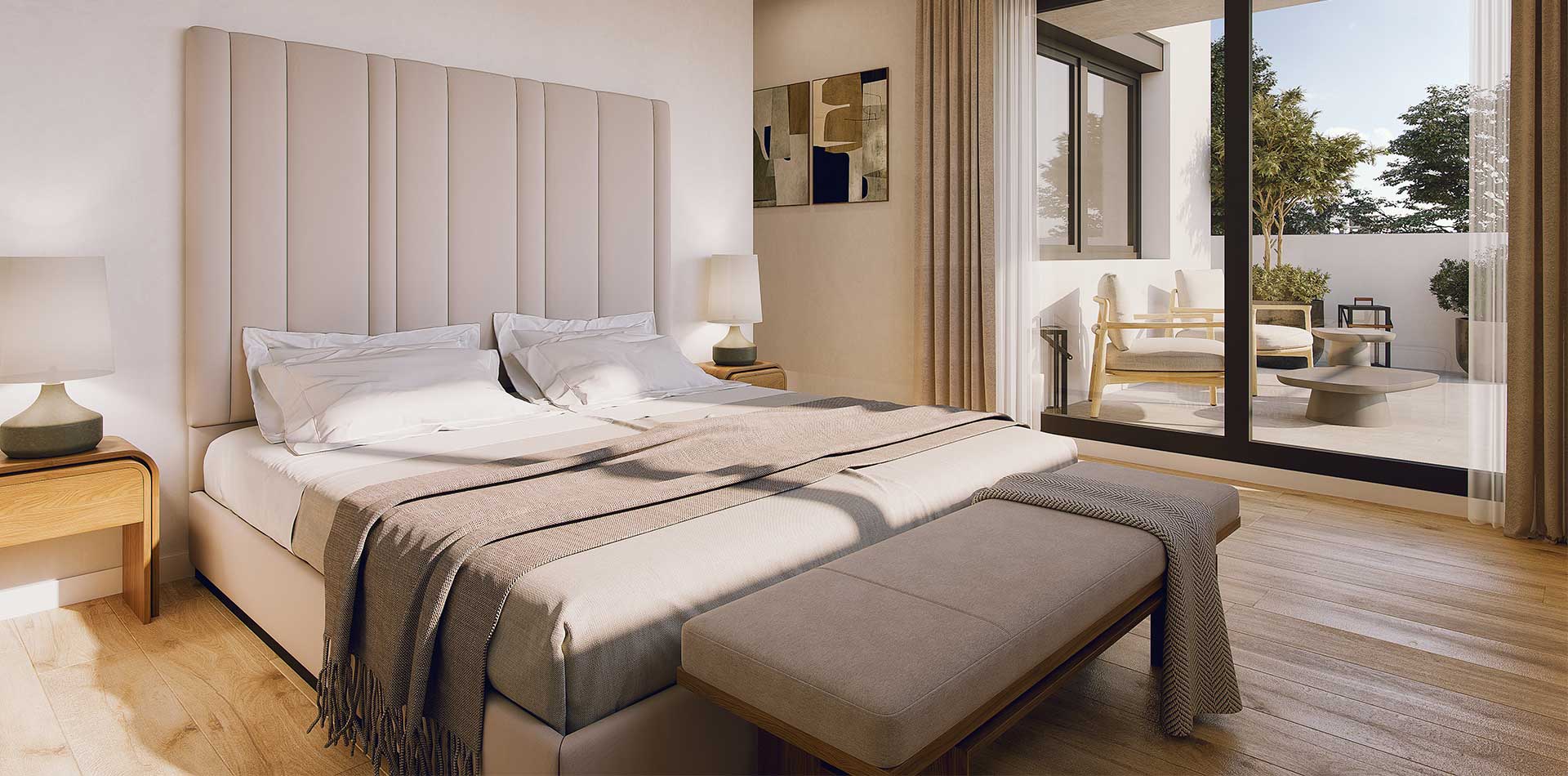 Dormitorio con cama grande y terraza privada de la promoción iKasaClass Lantana