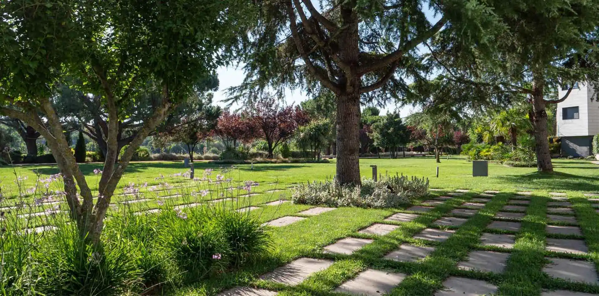 Amplio jardín con árboles y vegetación cuidada en Lagos Park