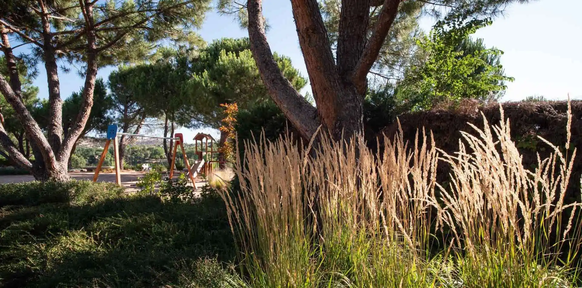 Jardín de Lagos Park con vista al parque infantil al fondo, árboles y plantas cuidados en día soleado.