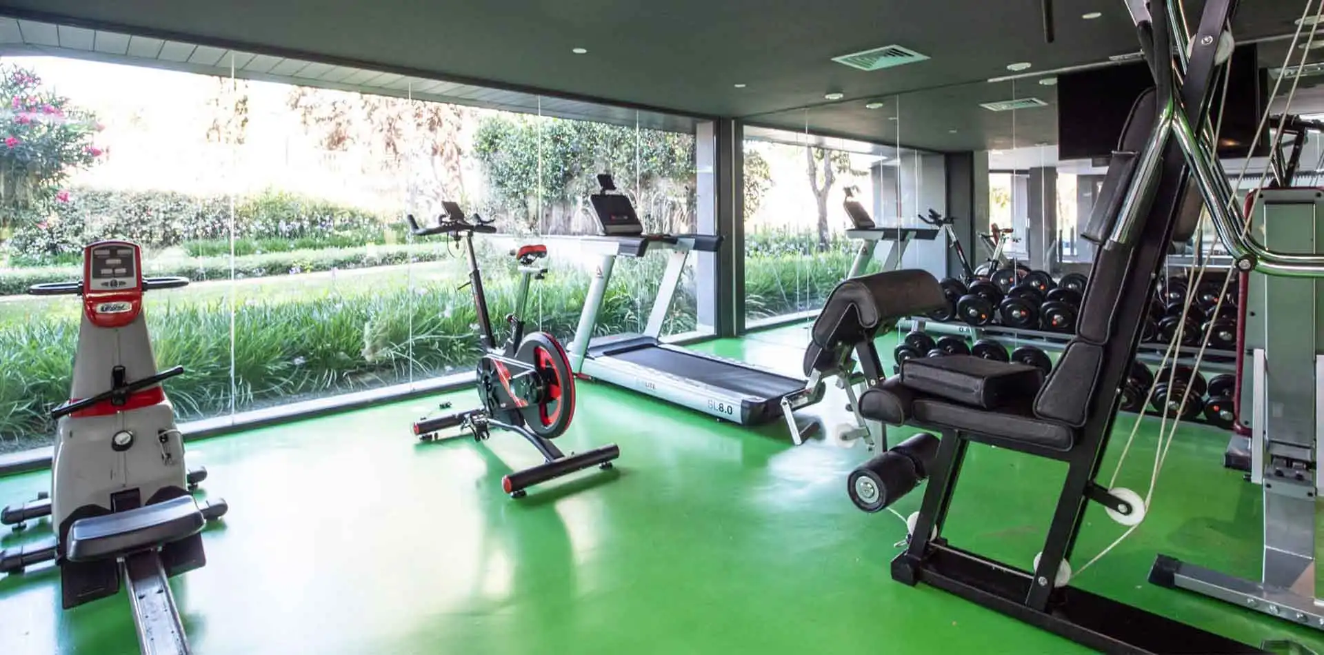 Gimnasio interior de Lagos Park, equipado con maquinaria y suelo de color verde.