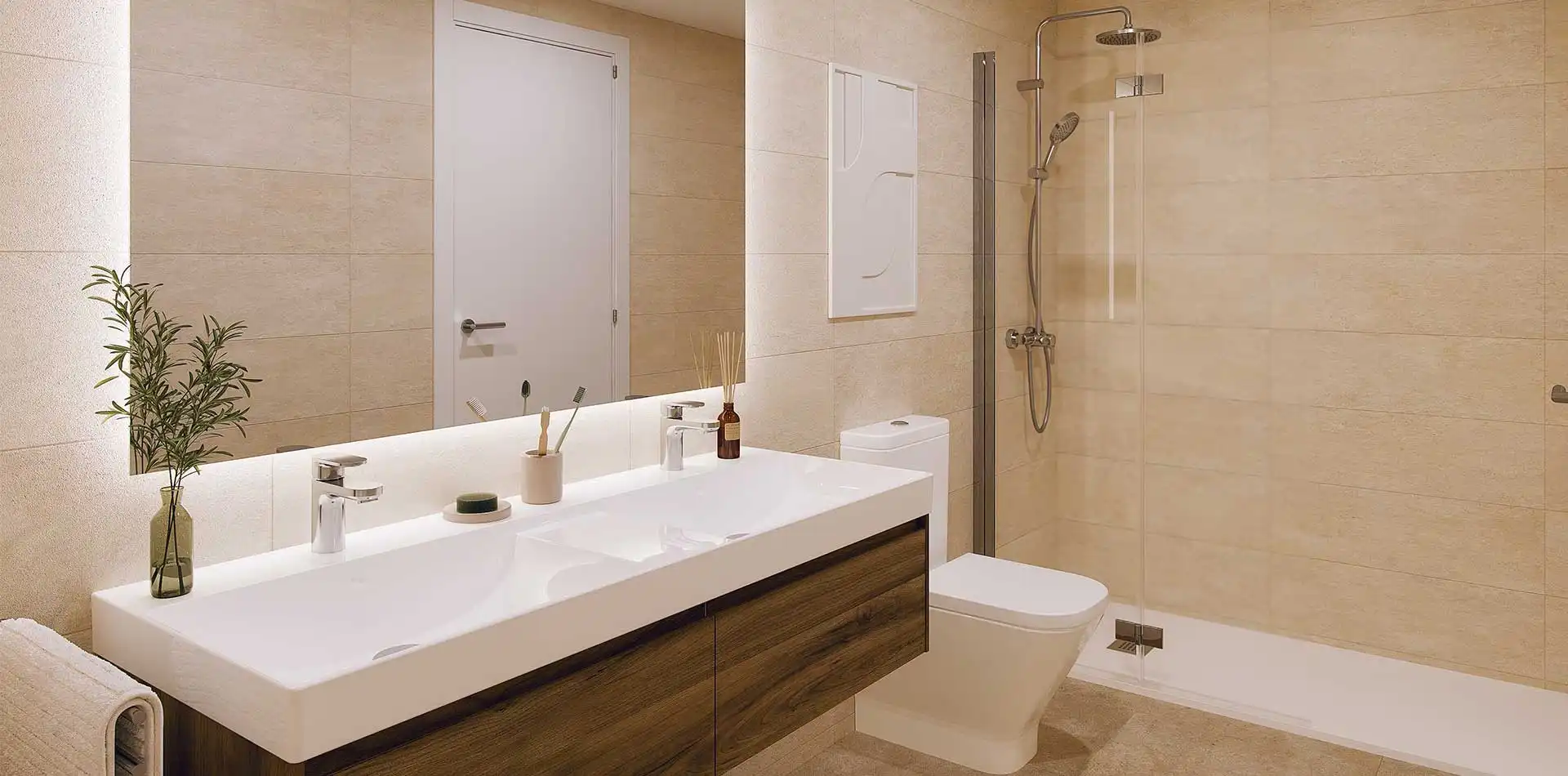 Baño moderno con mueble de lavabo y plato de ducha de la promoción iKasaClass Alcea