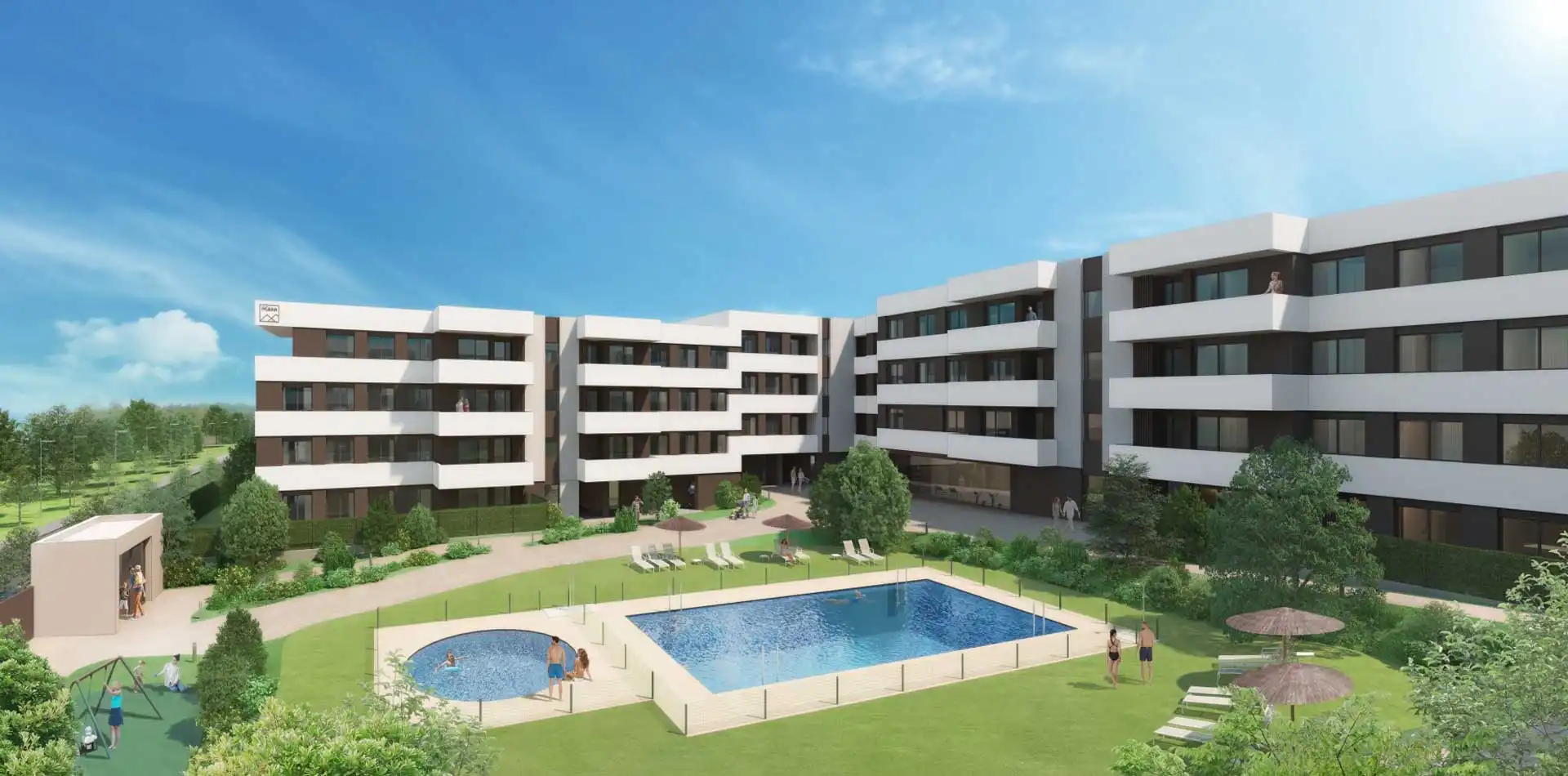 Vista de las zonas comunes de la promoción de viviendas Panoramic II en ARPO - Pozuelo