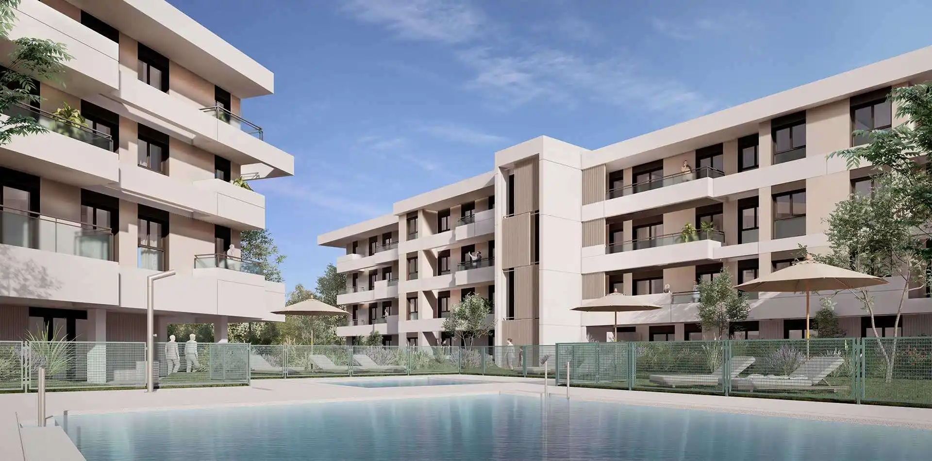 Vista de la piscina de la promoción de viviendas iKasaClass Panoramic IV en ARPO - Pozuelo
