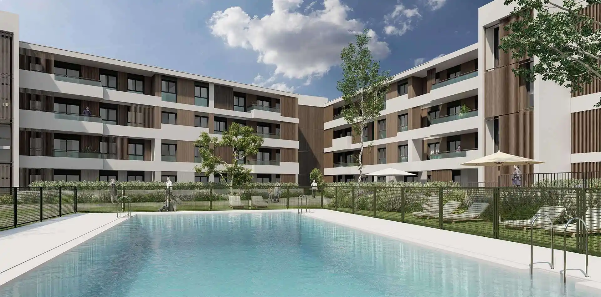 Vista de la piscina de la promoción de viviendas Panoramic III en ARPO - Pozuelo