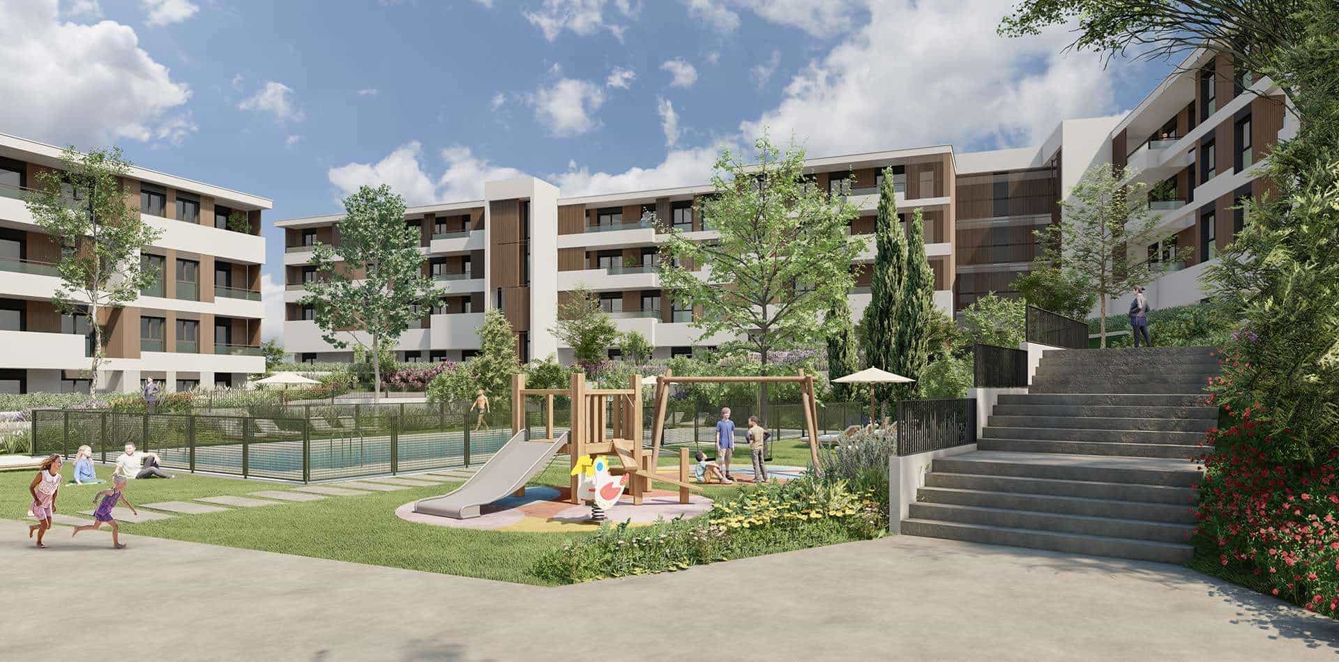 Vista de la zona de juegos infantiles de la promoción de viviendas iKasaClass Panoramic III en ARPO - Pozuelo