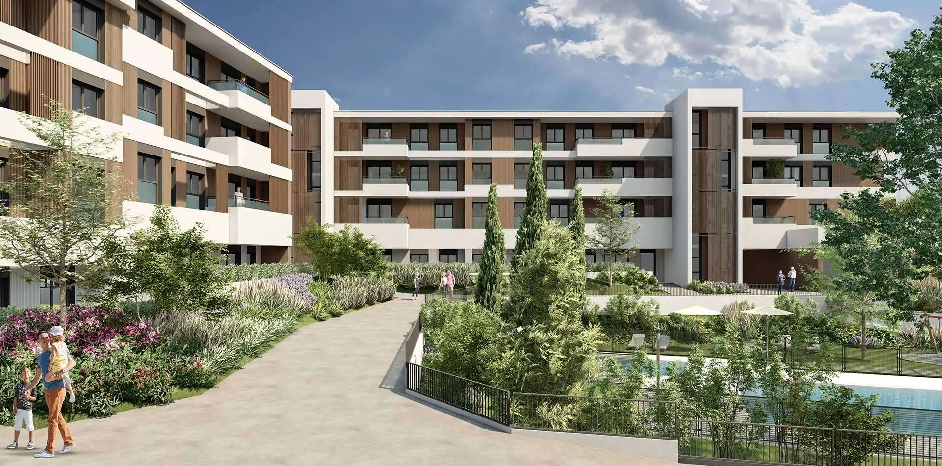 Vista de las zonas comunes de la promoción de viviendas Panoramic III en ARPO - Pozuelo